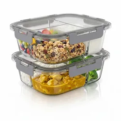 Arendo Frischhaltedose, 3 Fächer, Deckel, 2er Set Glas Vorratsdosen, Lunchboxen, auslaufsicher, transparent/grau