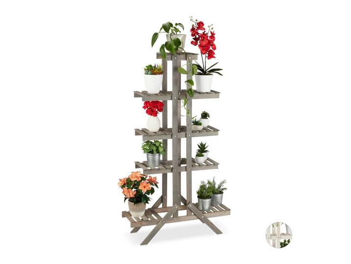 Relaxdays Blumentreppe Grau Tannenholz 5 Ebenen, Holz, 83x142x25 cm, Dekoration, Blumen & Blumentöpfe