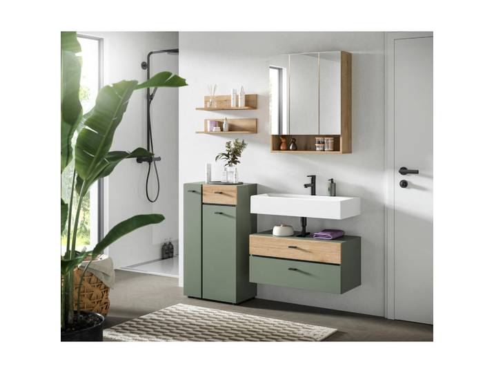 Mid.you Badezimmer, Grün, Eichefarben, Kunststoff, 4-teilig, 11 Fächer, 2 Schublade(n),3 Schublade(n) Schubladen, 126 cm, hängend, stehend, Badezimmer, Badmöbelsets & -serien, Badmöbelset