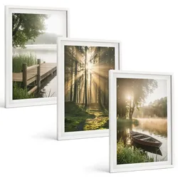 BILDER SET 3er Set - 40x60 cm Weißer Rahmen - See, Wald, Boot, Morgennebel