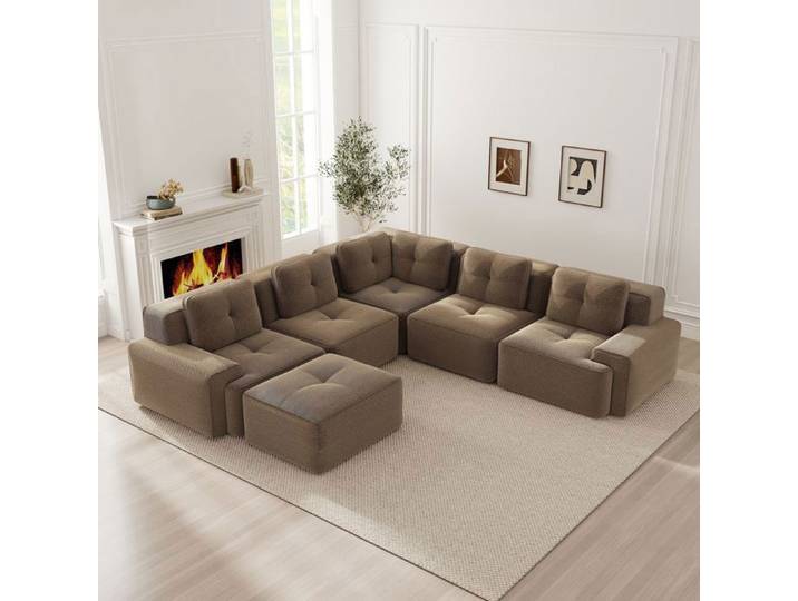 Canapé modulable - SOGEU - 295x295x69 cm - Velours côtelé marron - 5 places - Mousse 32D