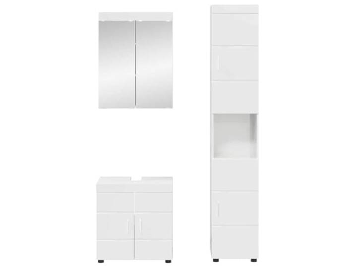 KTHLBRH Badezimmermöbel-Set Tulum, 3-teilig, Weiß glänzend Mehrschichtholz, 10 Einlegeböden, Griffe Silber, Montage erforderlich