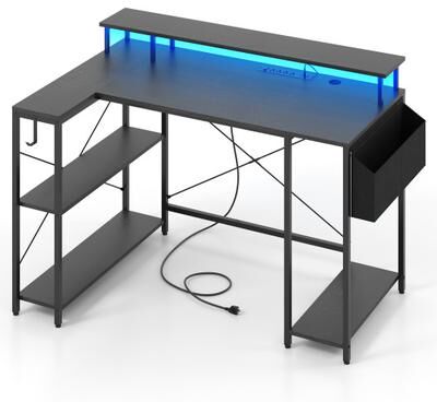 Costway L-Shaped Gaming Desk with LED Lights and Power Outlets-Black