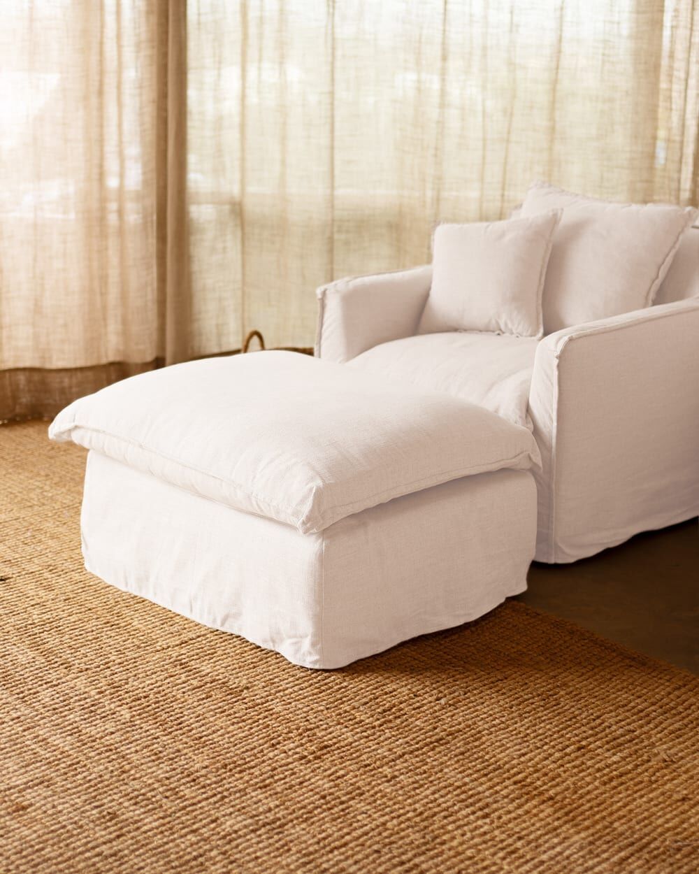 Decowood Pouf en coton et lin déhoussable blanc 92x72cm Blanc 92x46x72cm