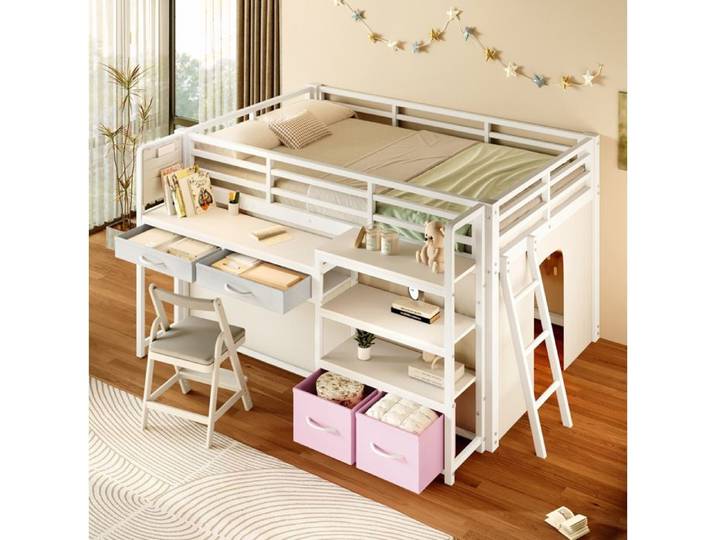 SENVIRO Lit mezzanine enfant 140 x 200 cm blanc avec bureau rangements rideau et LED sans matelas