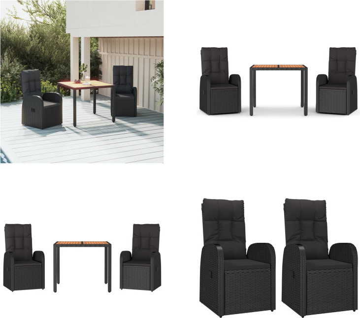vidaXL 3 tlg. Garten Essgruppe mit Kissen Schwarz Poly Rattan - Garten Essgruppe - Garten Essgruppen - Essgruppe - Essgruppe Terrasse
