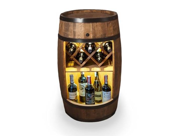 CREATIVE COOPER Fass bar mit Weinhalter - Weinregal LED - Holzfass Hausbar 80x50cm - Rustikaler deko Barschrank Weinständer – Weinschrank (Dunkelbraun)