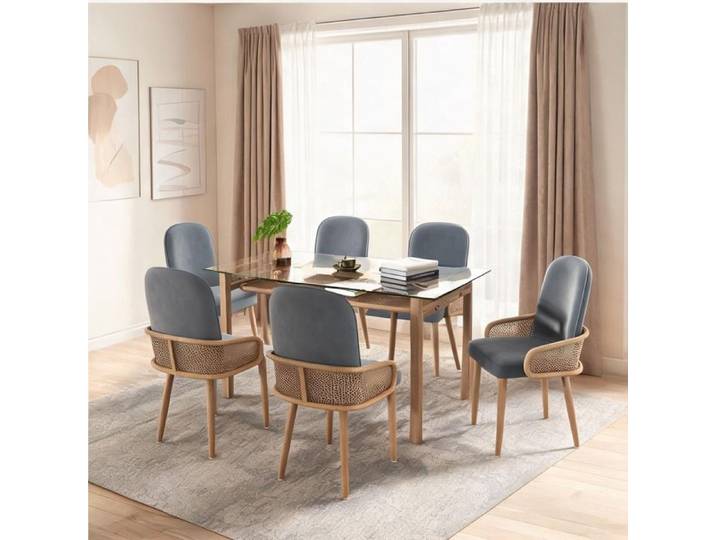 Chaise design cannage en velours gris doux lot de 6 piétement métal effet bois assise fixe