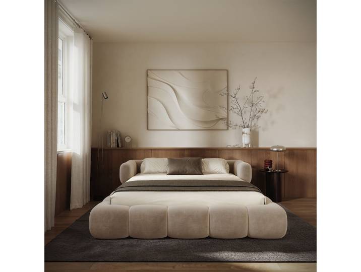 Upholstered bed 180x200 cm Stormi, rollbarer Lattenrost, beige