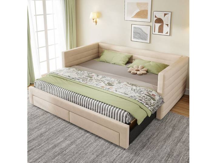 Lit banquette gigogne 90x190cm extensible 180x190cm avec 2 tiroirs adultes Montage Facile pour studio tissu beige