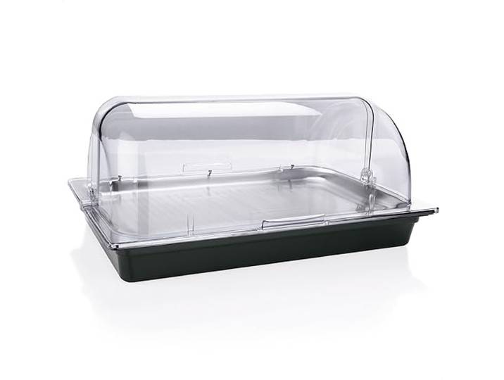 Kerafactum Kühlplatte mit Haube und 4 Kühlakkus Servierplatte mit Rolltophaube für Büfett Kühlung Kühlsystem Tablett GN 1/1 System Kühlschale Edelstahl Serviertablett mit Akku Hygieneschutz