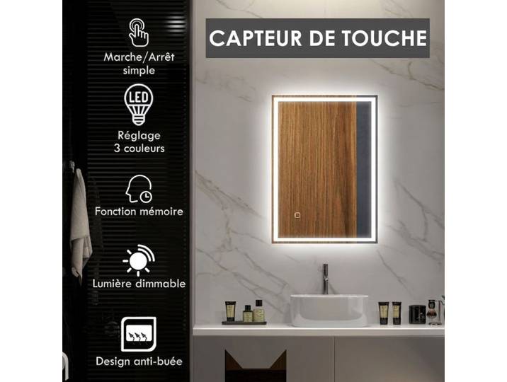 Miroir salle de bain LED 50×70cm verre cadre aluminium toucher IP44 montage mural horizontal vertical bain
