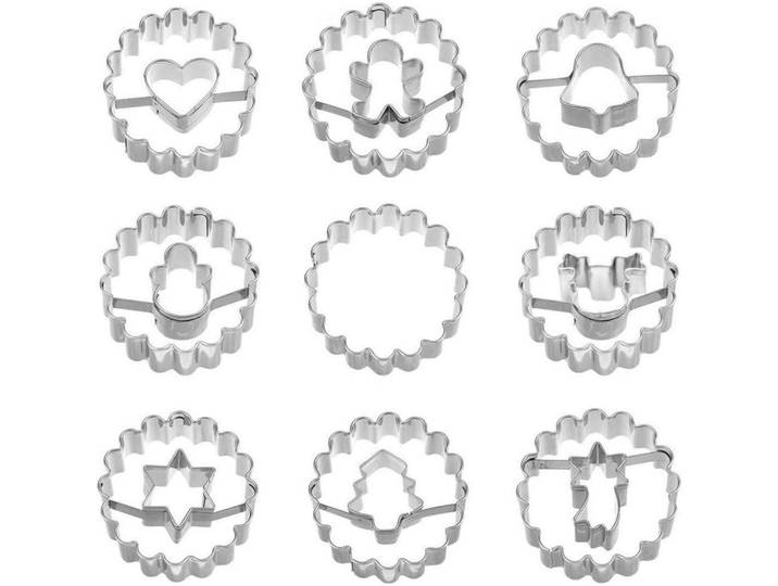 Ausstecher Set 9 Stück Linzer Plätzchen Edelstahl, Silberfarben, Metall, 4.5x2x4.5 cm, Backen & Backzubehör, Keksausstecher