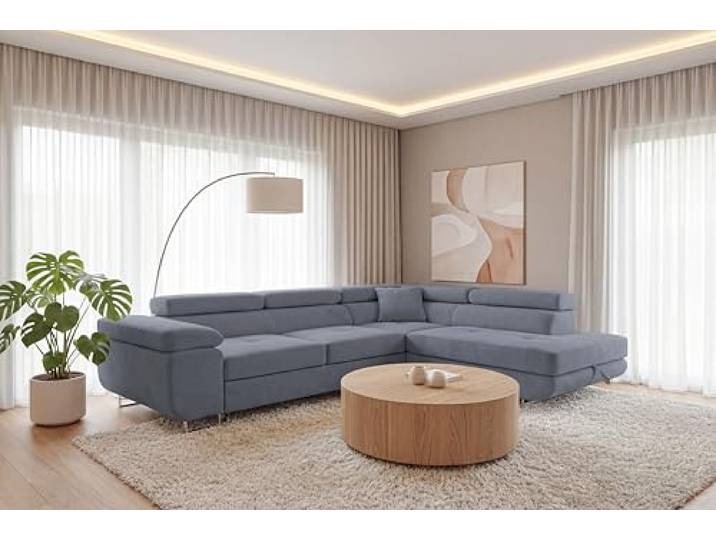 SOFILAND Ecksofa Luca L-Form mit Schlaffunktion und Bettkasten, wasserabweisender Velour, haustierfreundlich (Grau, Rechts)
