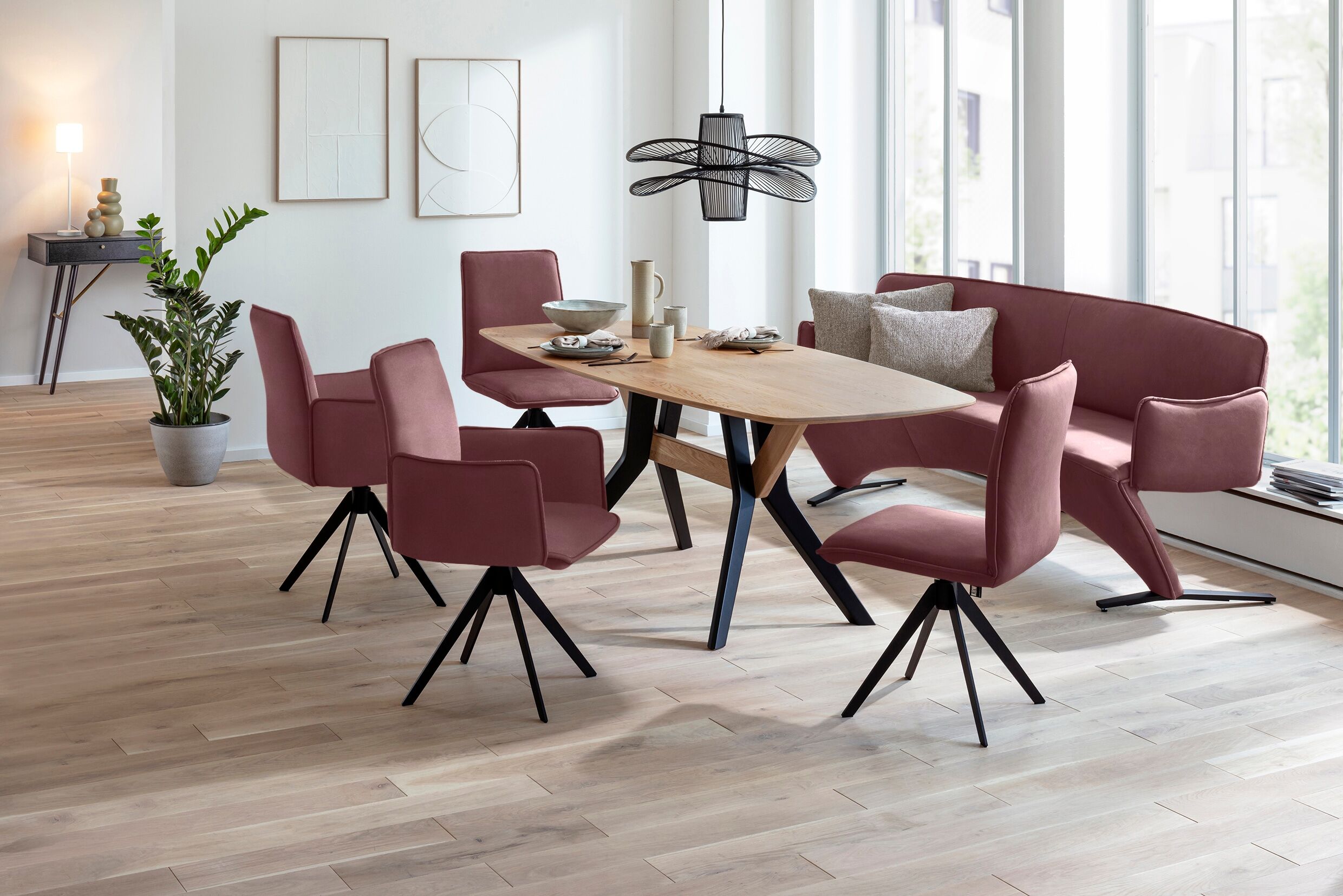 Polsterbank K+W KOMFORT & WOHNEN, rot (cabernet), B:216cm H:87cm T:66cm, Sitzbänke, Polsterbank, Leicht abgerundete Segmentbank im hochwertigen Leder, mit Armlehnen cabernet B/H/T: 216cm x 87cm x 66cm, Leder