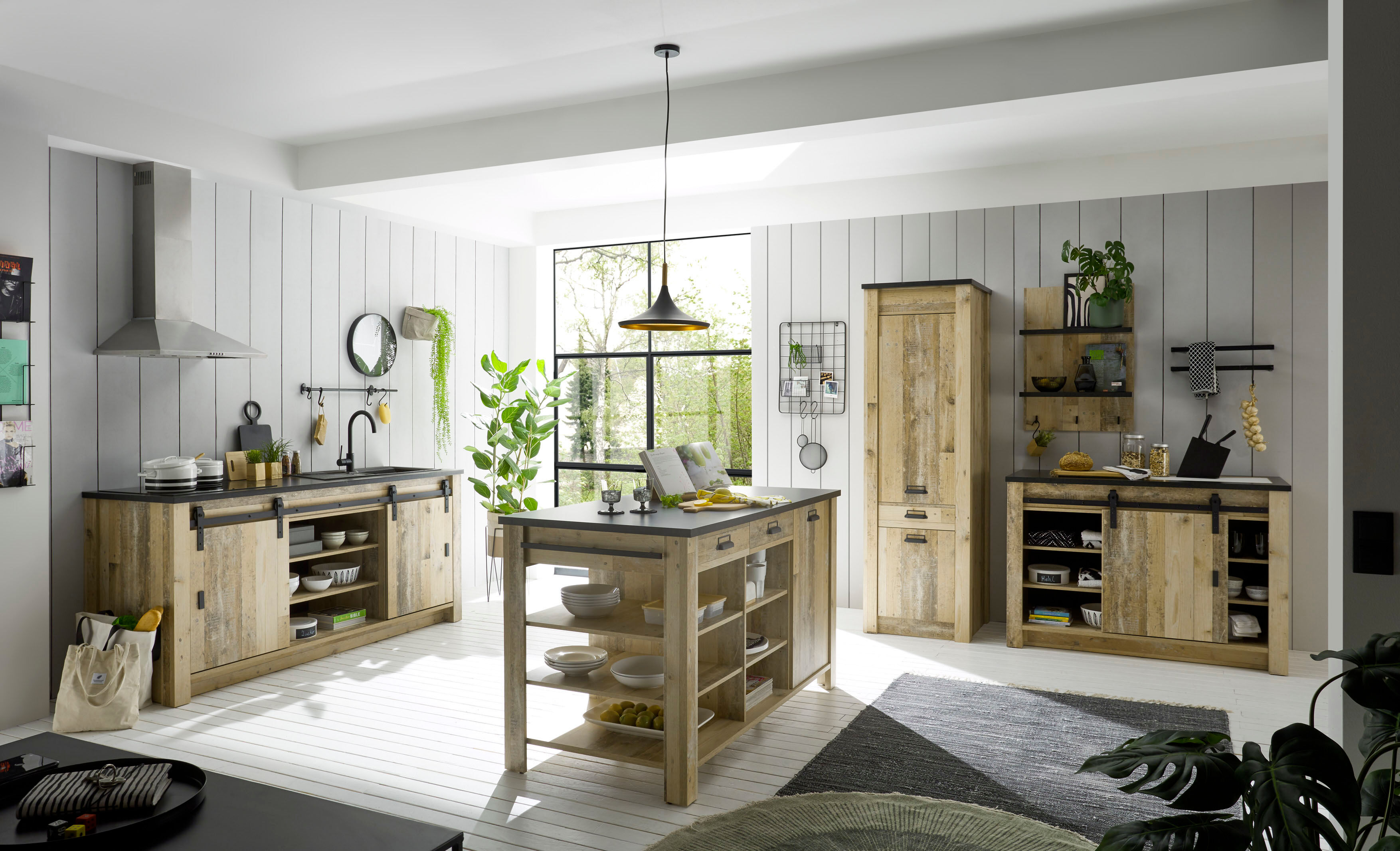 Küche HOME AFFAIRE "Sherwood", braun (küche: natur, korpus: old style hell, arbeitsplatte: anthrazit), B:400cm T:64cm, Komplettküchen-Sets, Küche, Breite 400 cm, ohne E-Geräte küche: natur, korpus: old style hell, arbeitsplatte: anthrazit B/H/T: 400cm x 6