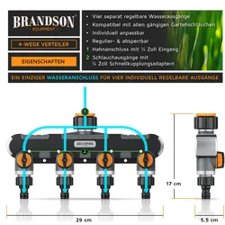Brandson, Schlauchanschluss + Schlauchverbinder, 4x 4-Wege Verteiler 4-fach Schlauchverteiler, Gartenschlauch Wasserverteiler, 3/4 & 1/2 Zoll (4 Wege Verteiler)