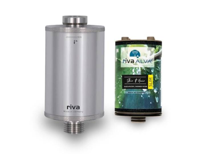 rivaALVA Skin & Hair SLIM Duschfilter mit zusätzlicher Ersatzkartusche Edelstahl-Gehäuse, Wasserfilter mit Blockaktivkohle, zweite Kartusche inklusive