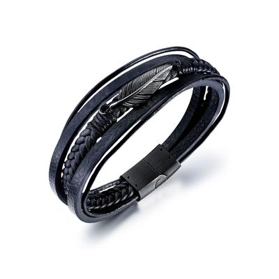 Armband FIRETTI "Schmuck Geschenk Armschmuck Armkette Feder", schwarz, Armbänder, Herren, 21cm, Edelstahl Lederimitat, Edelstahl, Lederimitat, Armband