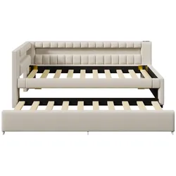 MODFU Daybett Leinen Beige 90x200 cm mit Ausziehbett, LED-Lichtleiste, USB und Type-C