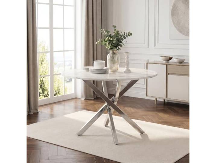 Crlnaup Runder Esstisch, 80 x 80 x 75 cm, Tischplatte in Marmoroptik, moderner Stil, Beine aus galvanisiertem Silber, Couchtisch/Beistelltisch, moderner minimalistischer Stil, weiß + Silber