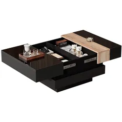 OKWISH Couchtisch 70x70x39 cm mit ausziehbarer Tischplatte und verstecktem Stauraum Hochglanz Farbblock Design Schwarz+Holz aus PB
