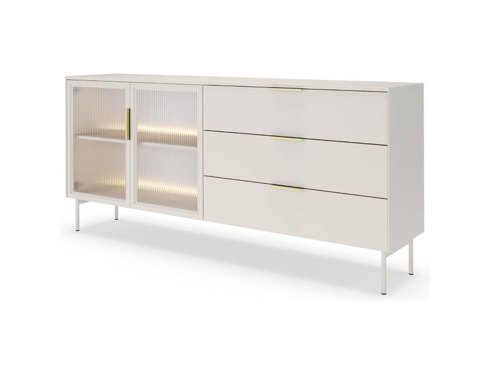 Zweiturige Vitrine Lumi mit drei Schubladen und LED-Beleuchtung,