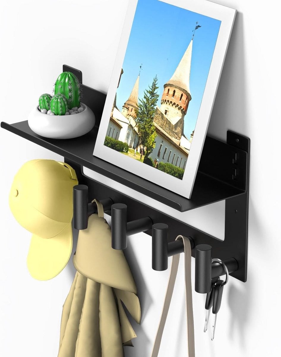 Multifunctionele wandkapstok met plank en organizer, zwart, Breedte: 37 cm