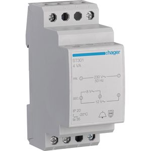 Hager Klingeltrafo ST301, AC, Hutschienenmontage, bis 4 VA / 0,5 A Nennscheinleistung, 230 V auf 8 V / 12 V
