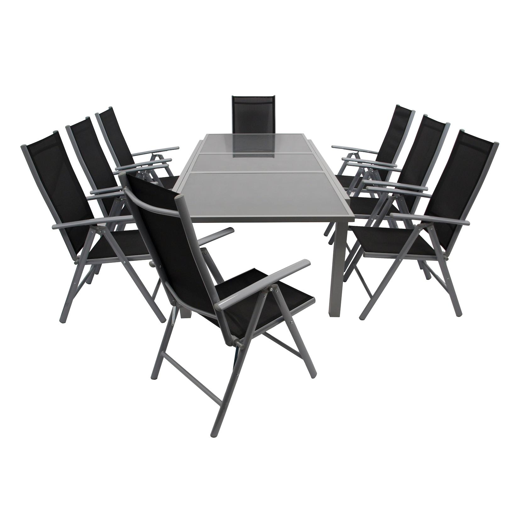 Garnitur PISA 9-teilig, Aluminium silbergrau + Glas + Kunstgewebe schwarz
