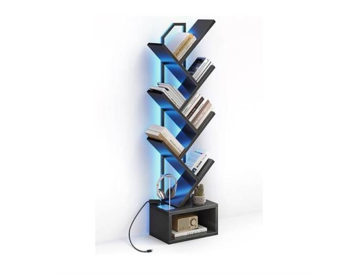 LED Étagère Arbre Bibliothèque sur Pied 6 Niveaux 110cm Noir Lumière Colorée Ambiance Assemblage Facile Compact Étagère Beau