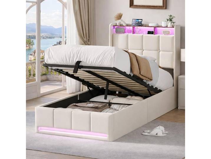 DADEA Lit Simple Capitonné Beige en Lin 90*200 Lit Coffre avec Rangement Lit une Place avec LED et USB Lit Rembourré Ado