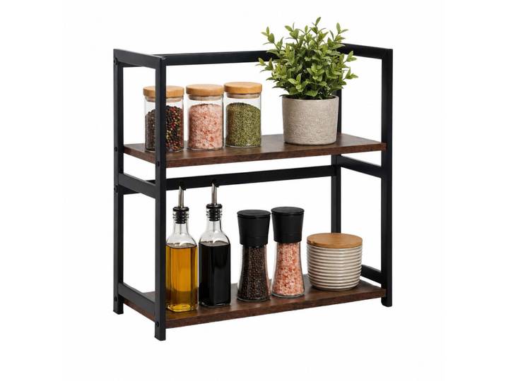 Relaxdays Gewürzregal Braun Schwarz 2 Ablagen, Metall, Holzwerkstoff, 42x43x18 cm, Küchen, Küchenmöbel