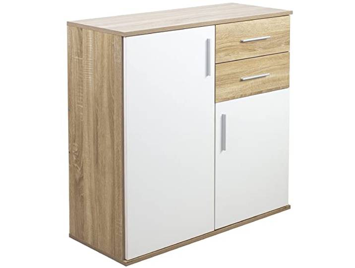 BAKAJI Kommode für Madia, 2 Türen, 2 Etagen, geräumig, minimalistisches Design, Schlafzimmer, Wohnzimmer, Möbel, Büro, robust, vielseitig einsetzbar (Eiche und Weiß)