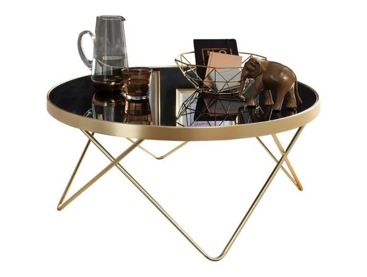 WOHNLING Table Basse Ronde Ø 82 cm Verre Métal Noire Dorée