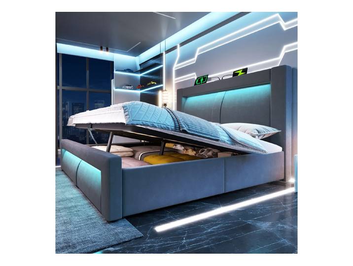 HAUSS SPOLE Stauraumbett mit LED,160x200 Polsterbett Jugendbett mit Kopfteil ohne Matratze