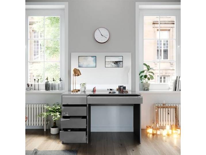 Vicco Schminktisch Sherry , Grau 120 cm Spiegel · 5 Schubladen · Freistehend · Grifflose Optik · Geräumige Tischplatte