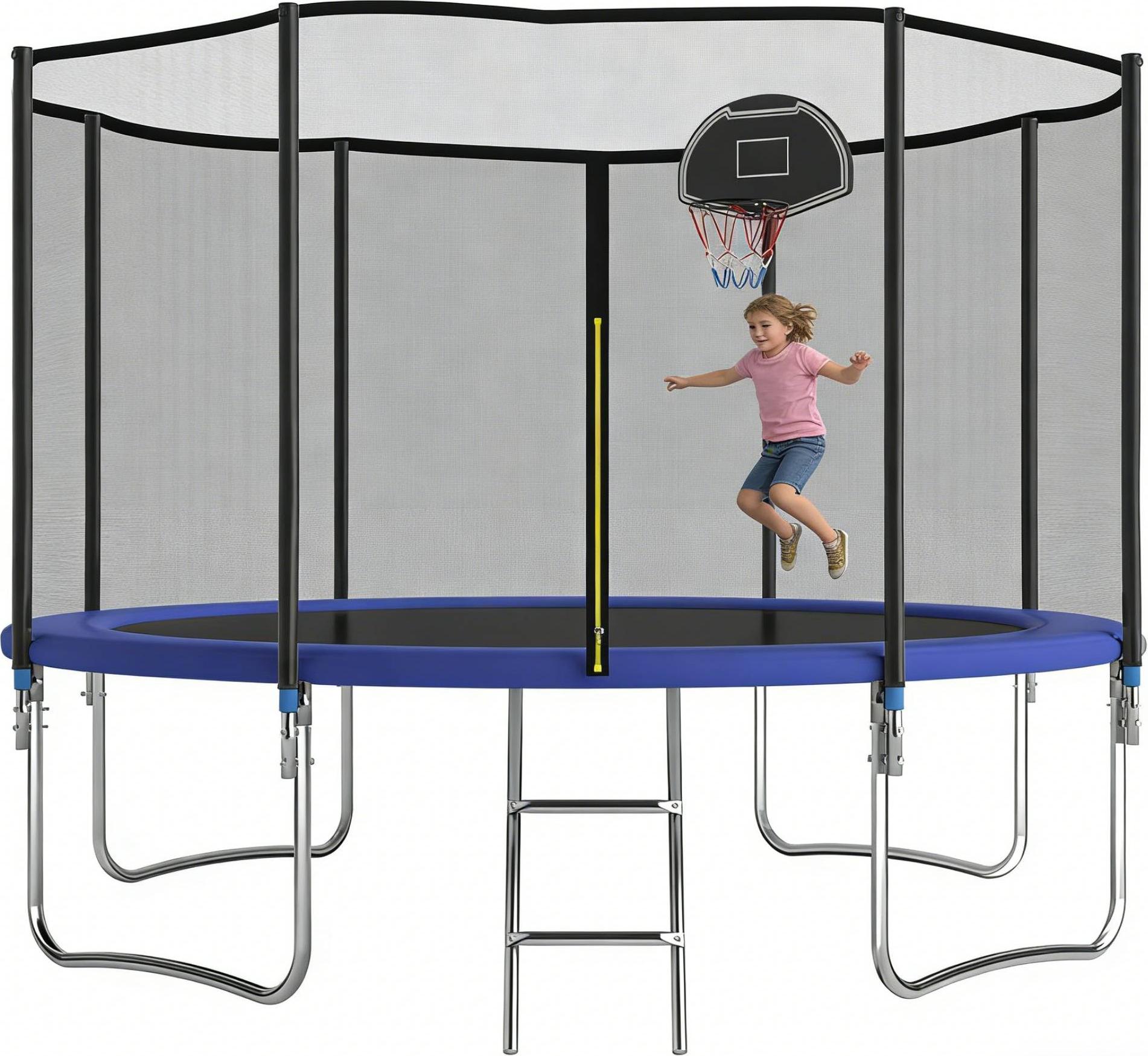 Trampolin Outdoor , Runden Gartentrampolin mit Sicherheitsnetz Mit verstärkten Beintraversen, Stabil, Robust und Belastbar, für Kinder und Erwachsene, Warnung. Nur unter Aufsicht von Erwachsenen zu verwenden., dunkelblau, 305 cm