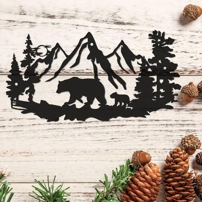Uplift Essentials Rustic Mountain Bear & Pine Forest Metal Wall Art Decoration Rustic Mountain Bear & Pine Forest Metal Wall Art Decoration
