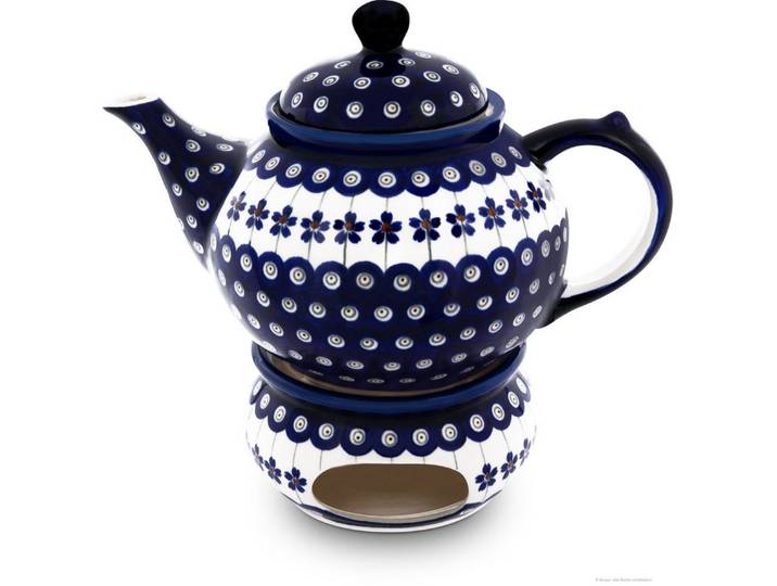 Bunzlauer Keramik Teekanne 1,25 L Teekanne mit Stövchen – Klassische, rundliche Form,Dekor 166a, 1,25 l