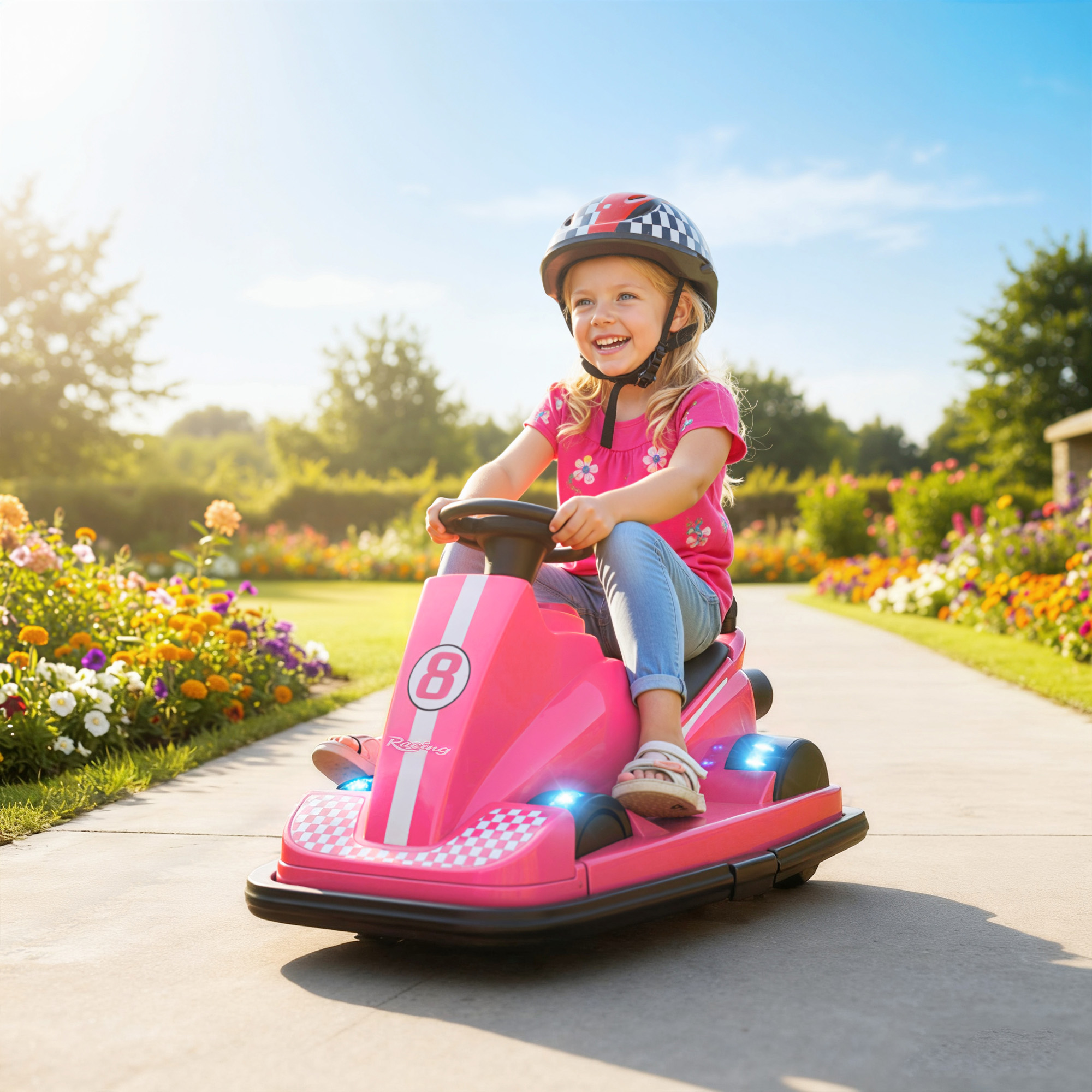 Aiyaplay Autoscontro per bambini, rotazione a 360°, volante, luci LED, funzione musicale, 3-8 anni, Rosa   Aosom Italy