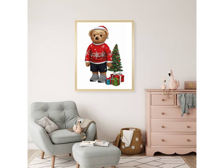 Bild mit Rahmen QUEENCE Teddy Bär mit Weihnachtsmütze und Geschenken , farbe rahmen: beige, farbe bild(er): rot, B:50cm H:70cm T:1,5cm, Acrylglas, Holzrahmen, Bilder, Bild mit Rahmen, HD Premium Poster-Druck inkl. Echtholzrahmen in beige