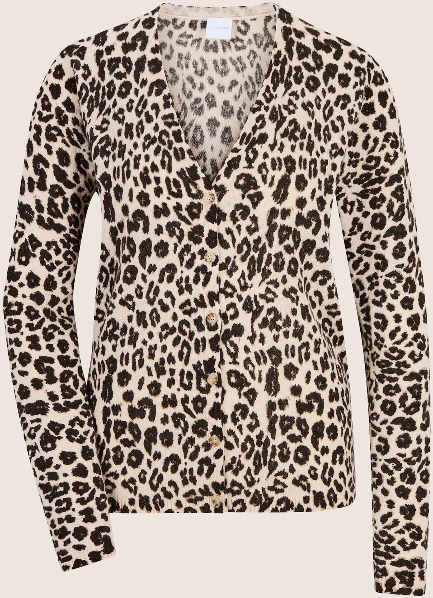 Strickjacke MADELEINE "Strickjacke Kaschmirjacke mit Leo-Druck", Damen, Gr. 34, perlweiß, multicolor, Modern, regular fit, Strickjacken Strickjacke