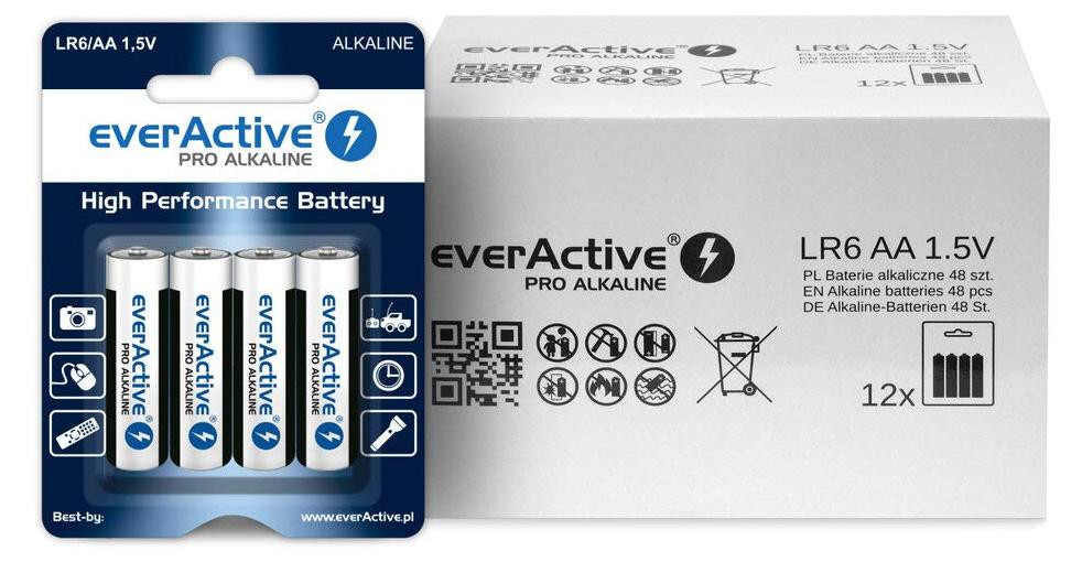 everActive Pro Alkaline AA-batterijen, 48 stuks, Mignon LR06 R06, 1,5V