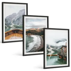 BILDER SET 3er Set - 40x60 cm Schwarzer Rahmen - Berge, See, Boot, Strand, Landschaft
