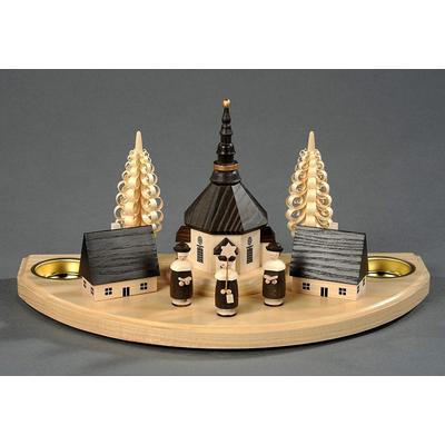 Teelichthalter ALBIN PREISSLER "Seiffener Dorf mit Kurrende, Handwerkskunst aus dem Erzgebirge", beige (natur), B:30cm H:14cm T:15cm, Massivholz, Kerzenhalter, Teelichthalter, weihnachtlicher Kerzenhalter aus Eschenholz