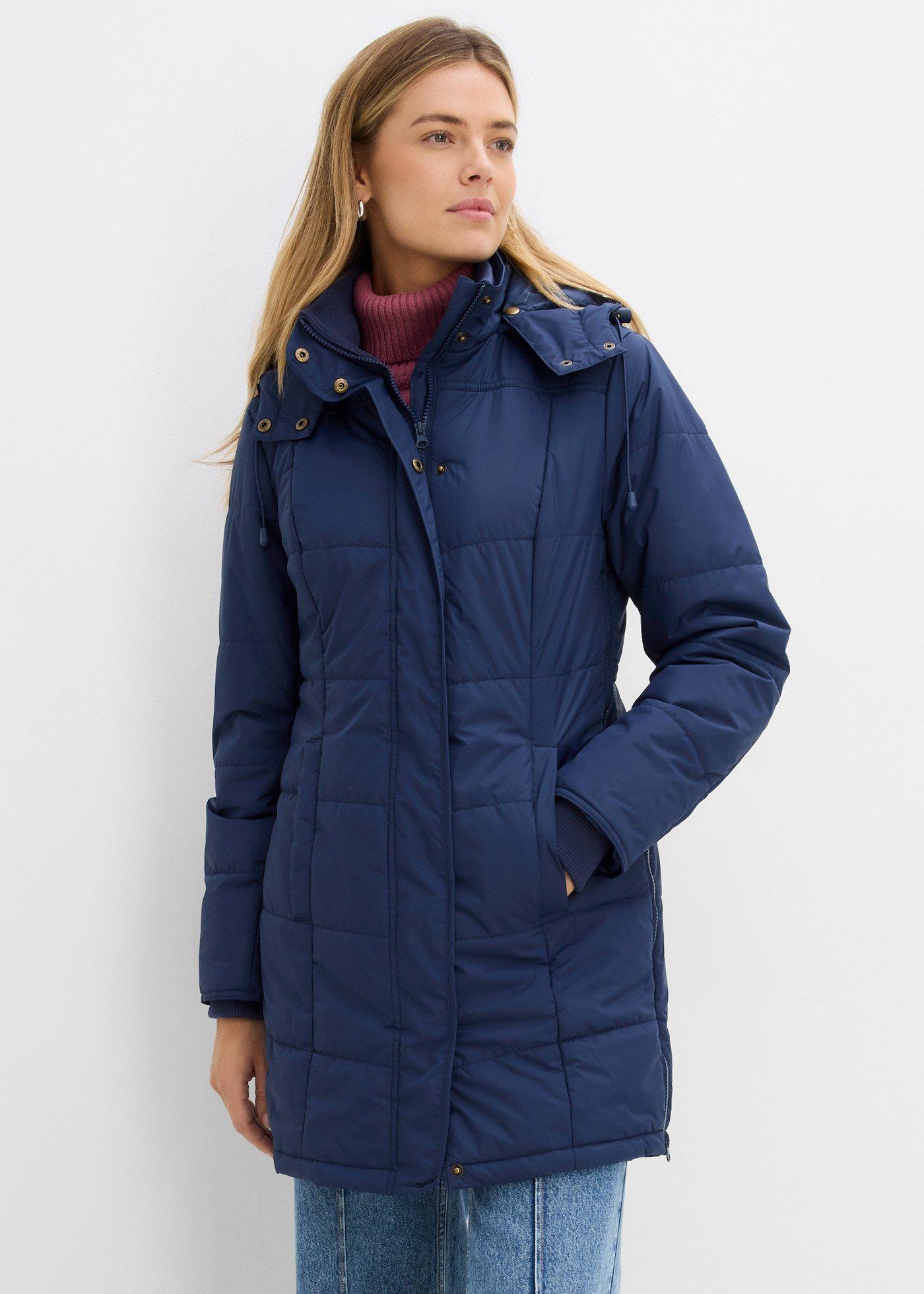 bonprix Long-Steppjacke wattiert mit Kragen und Kapuze, blau, Gr.44, Funktionale figurumschmeichelnde Long-Steppjacke mit abnehmbarer Kapuze