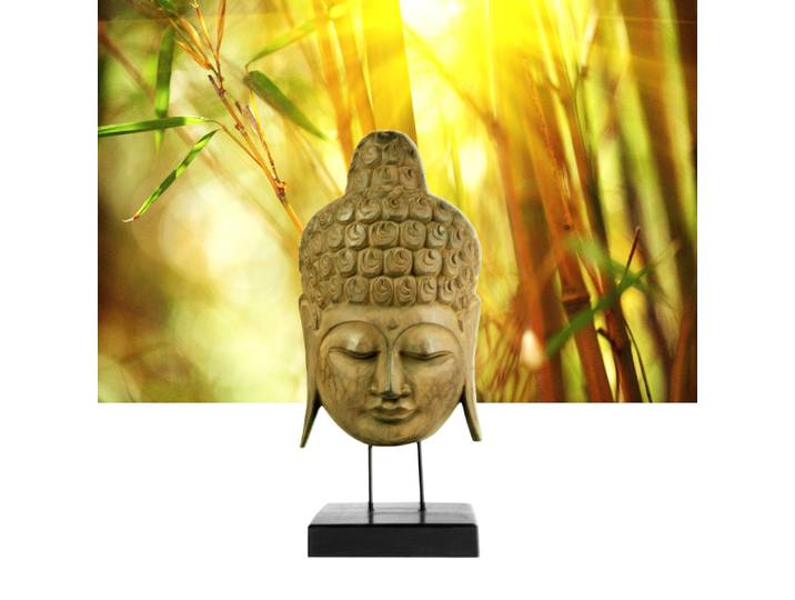 Buddha-Maske auf Ständer aus Albesia-Holz, Höhe 65 cm