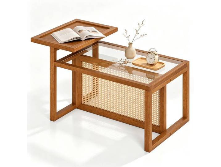 GIANTEX Table Basse en Verre Rectangulaire Bohème Cadre en Bois Diviseur en Rotin PE Charge 100 KG Table d'Appoint pour Salon