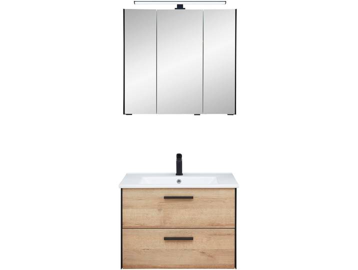Badmöbel-Set SAPHIR Quickset 395 2-teilig, Keramik-Waschtisch mit LED-Spiegelschrank , braun, Riviera Eiche quer Nachbildungmit schwarzem L-Profil vorne, Kastenmöbel-Sets, Badmöbel-Set, Waschplatz 75 cm breit, 3 Türen, 2 Schubladen, Bad-Set